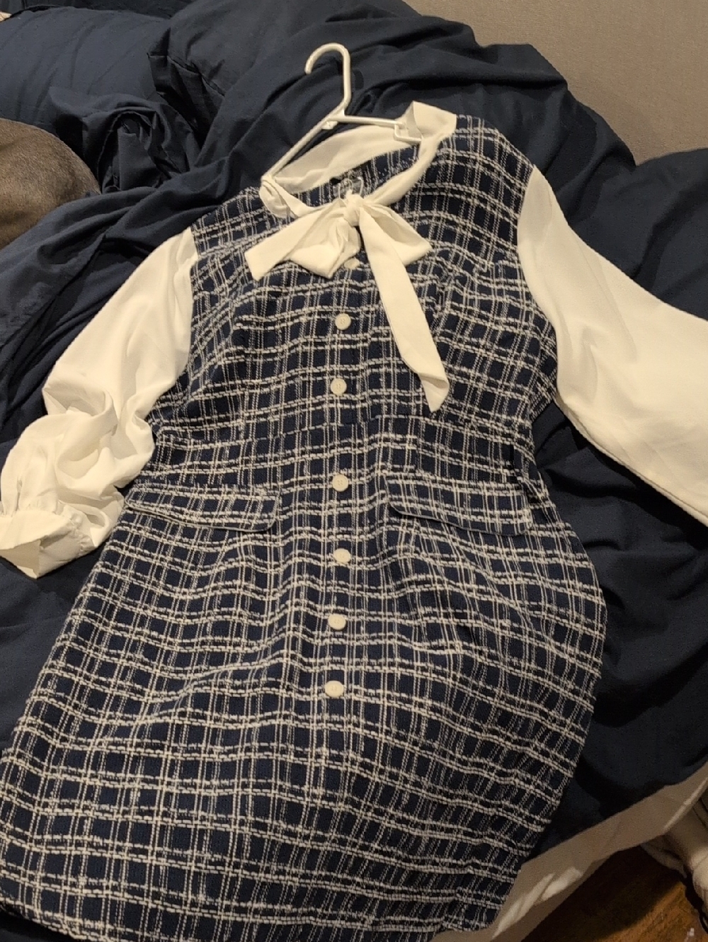 BloomChic Navy Plaid Button-Front Dress with White Bow